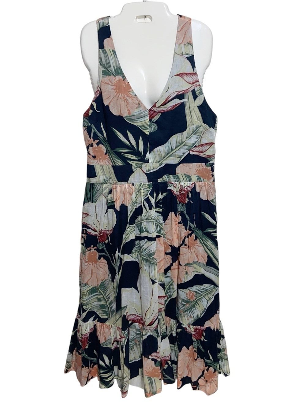 Ann Taylor Dress Womens Sz 14 Tall Floral Midi Tropical Ruffle Resort Beachy